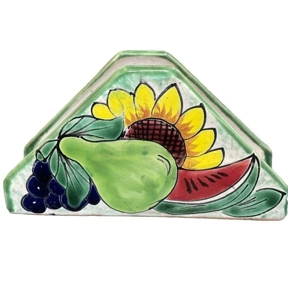 Sunflower‎ Fruit Pear Colorful Napkin Holder Hand Painted Pottery Retro Kitchen